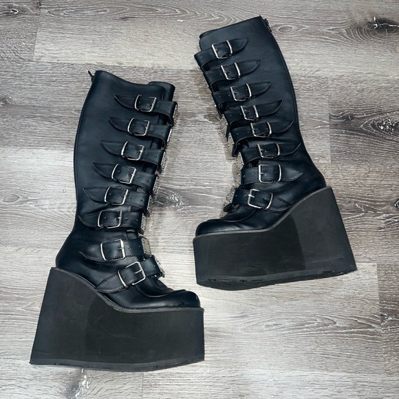 Demonia Trinity Black Platform Boots with Silver Buckles - Picture 4 of 10